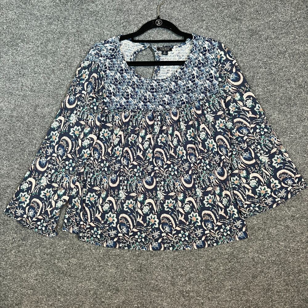Lucky Brand Shirt‎ Womens Medium Blue Bell Sleeve Floral Boho Tshirt 3/4 Sleeve